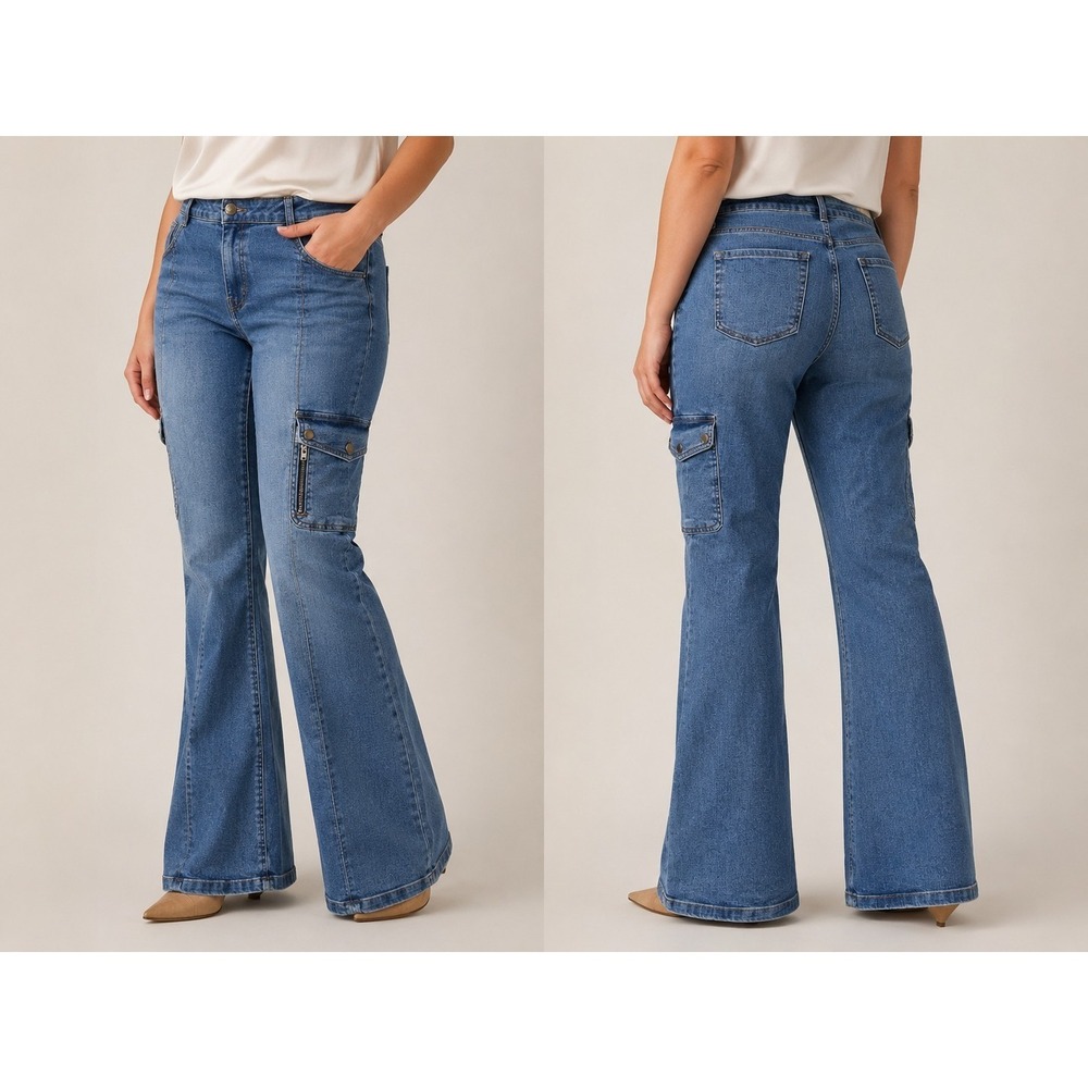 No Boundaries Women's Cargo Flare Jeans Size 18 Light Wash Y2K Zip Pocket